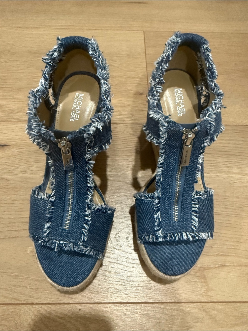 Michael Kors Frayed Denim Zip Espadrille Wedges - Blue